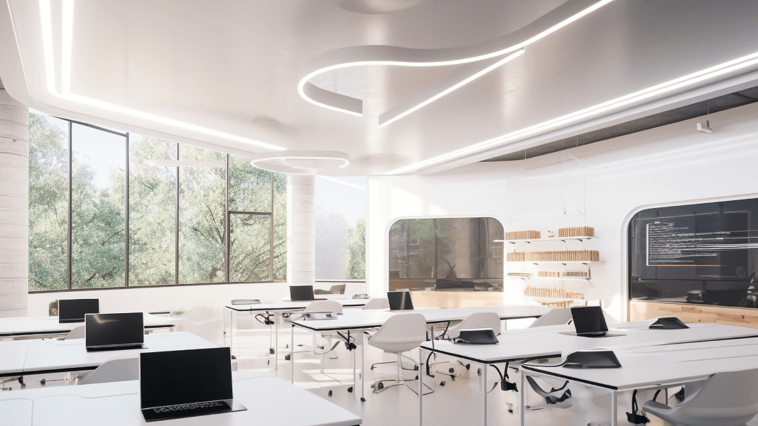 ห้องอบรมพร้อมโต๊ะและคอมพิวเตอร์